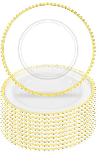 Tomeurperf 10Pcs Clear Charger Plates Bulk Wedding - 13 Premium Clear Plastic Chargers with Gold Beaded Rim，Decorative Dinner Charger Plates for Events & Parties