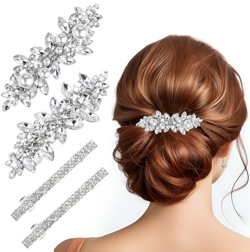 Sibba 4 Stück Strass Haarspange Set Silber Haarschmuck Funkelnde Kristall Haarspangen Clips Braut Hochzeit Haarnadeln mit Strasssteinen Glitzer Rhinestone Haarclips Kopfstücke Schmuck Mädchen Frauen