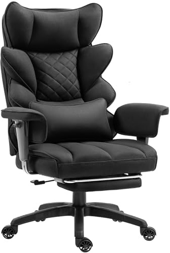 Dowinx Gaming Stuhl, Bürostuhl Ergonomisch mit Taschenfeder-Kissen, Chefsessel mit Doppellagige weiche Rückenlehne und verstellbare Lendenkissen, Armlehnen und Fußstütze,Stoff, Schwarz