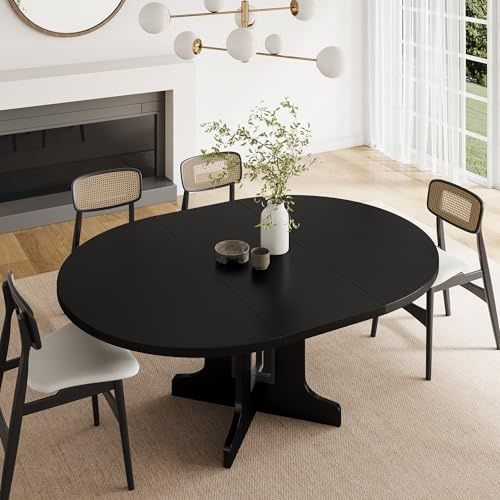 Feonase 59 Round Extendable Dining Room Table for 4-6, Modern Oval Kitchen Table with Heavy Duty Wood Base, Metal Frame Support, for Kitchen Dining Living Room, Easy Assembly, Black