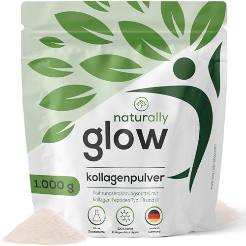 naturally glow Kollagen Pulver 1 kg – hydrolysierte Rinderkollagen Peptide | Geschmacksneutral & löslich, Kollagen-Peptide Typ I, II, III, ~66 Portionen, Premium Collagen Powder