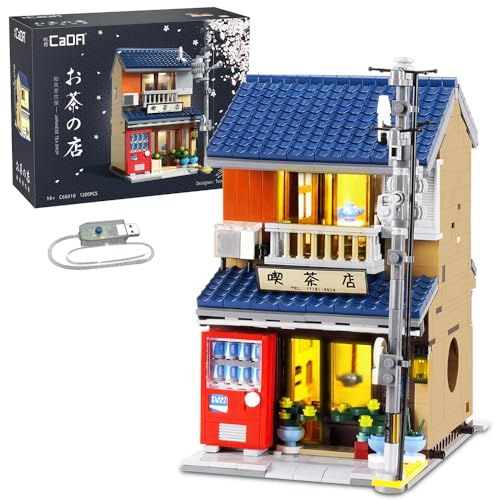 CaDA Japanisches Teehaus-Bauset, Master C66010W Japanisches Straßenladen-Bauset mit Beleuchtung, 1200-teiliges modulares Haus – Geschenkidee für Jungen und Erwachsene