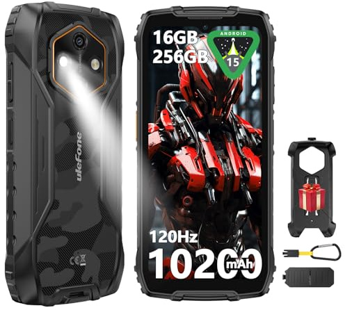 Ulefone RugKing 4 Pro Movil Resistente, Android 15 AI Smartphone 10200mAh 16GB+256GB/SD-2TB 6,56” 120Hz Teléfono, Octa-Core Cámara 48MP+8MP, 120LM Super Torch/3-Slots/IP68/IP69K/OTG/NFC/GPS Negro
