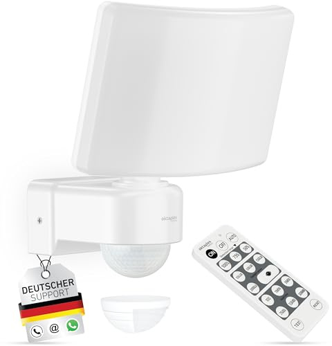 Oktaplex Cali Außenstrahler mit Bewegungsmelder und Fernbedienung 3000lm | Warmweiß 3000K Außenbeleuchtung, 26W, IP65, LED Strahler, weiß