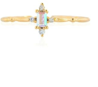 Lirzxin 14K Goldring Frauen 585 Gold, Verlobungsring Damen Vorsteckring Dünn Schlicht Poliert Rechteckig Mondstein und Moissanit Eheringe Hochzeitsringe Trauringe Gelbgold Größe 49 (15.6)