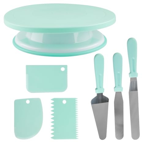 Lotsdonxia 7-Piece Green Cake Decorating Kit with Rotating Turntable, Stainless Steel Spatulas & Icing Scrapers for Beginners & Pro Bakers