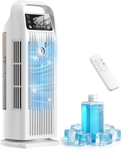 Air Cooler, Portable Air Conditioner with 4 Speed, 6-in-1 Evaporative Air Conditioner, 1200ML Quiet Mist Spray 1-12H Timer 120°Oscillation Tower Fan for Home Bedroom（Off White）
