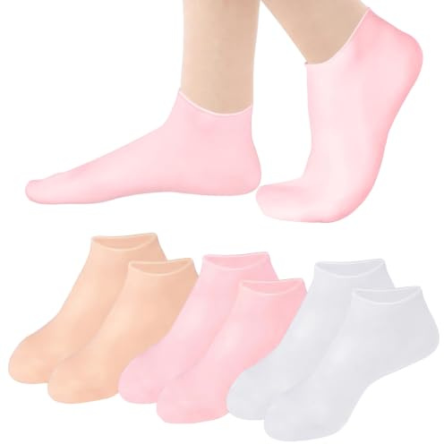 3 par silikonfotvårdsstrumpor, fuktgivande strumpor för torra och skadade fötter, återanvändbar fotmask för delad häl och sprickor, rosa, kött och vit