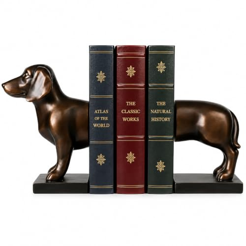 Comfy Hour Farmhouse Home Decor Collection Buchstützen, 30,5 cm lang, 22,9 cm hoch, Dackel, Kunst-Buchstützen, 1 Paar, massiv, schwer, Polyresin | Hunde-Buchstützen, Wiener-Hunde-Dekoration, Tier-Buchstützen, dunkles Kupferharz, Regal und Kochbuch-Display