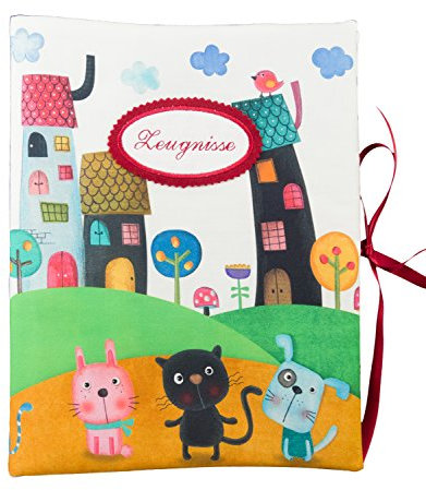 bettina bruder - Zeugnismappe DIN A4 - innen 30 Sichthüllen - Bunte Häuser & Tiere (Katze.Hund,Hase)