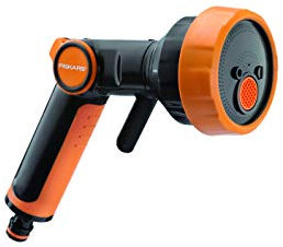 Fiskars SoftGrip-Sprühpistole, 4 Funktionen, Mit Brause-, Flach-, Spül- und Strahl-Sprühbild, Stufenlos einstellbar, Daumengesteuerte ON/OFF-Durchflusskontrolle, Universalgröße,Schwarz/Orange,1020446