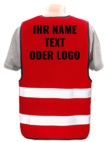 Warnweste selbst gestalten mit eigenem Aufdruck * Bedruckt mit Name Text Bild Logo Firma, Position & Druckart:Rücken/Premium-Druck, Farbe & Größe:Rot/Größe XL/XXL
