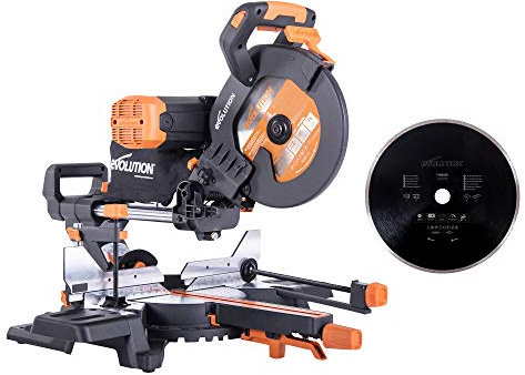 Evolution Power Tools R255SMS-DB+ Multi-Material Double-Bevel Sliding Mitre Saw, 255 mm, (110 V) with 255 mm Diamond Blade
