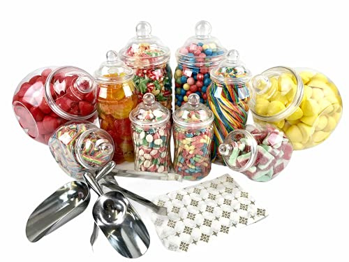 Sweet Candy Buffet Pick & Mix Jars - Set of 10 Mixed Jars with Victorian Bobble Lids, 2 x Metal Tongs, Scoops & 100 x Gold Star Paper Bags