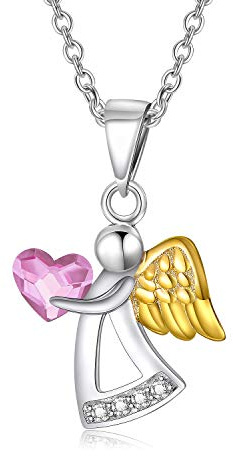 AOBOCO Collar Ángel de la Guarda Plata de Ley 925 Collar Colgante Ángel con Cristales, Bautizo Comunión Regalos de Cumpleaños para Niñas (Rosa)