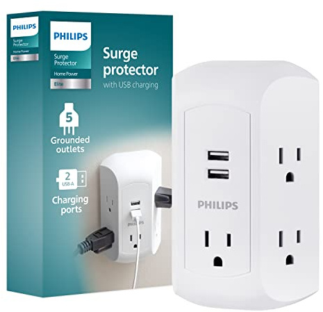 Philips 5-Outlet Extender, Grounded Wall Tap, 3-Prong, 2 USB-A, Surge Protector, Adapter Spaced Outlets, Side Access, 560 Joules, Quick and Easy Install, White, SPS5002WA/37