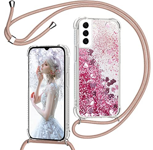 TUUT Handyband für Samsung Galaxy S21 5G Hülle mit Band, Glitzer Treibsand Handyhülle mit Kordel zum Umhängen Transparent Stoßfest Schutzhülle mit Kette Schnur, Quicksand Necklace Case in Rosa