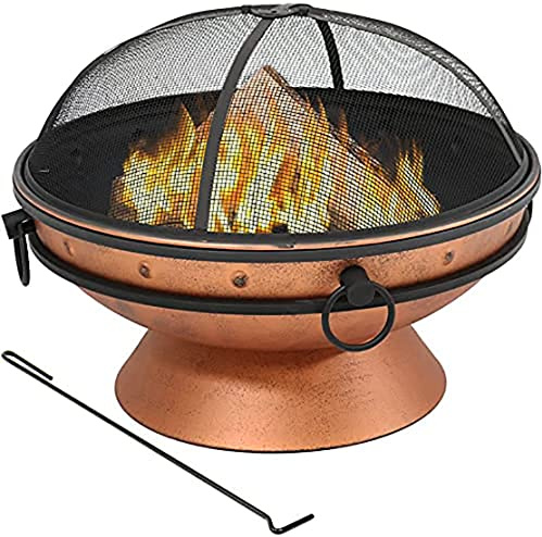 Marco Paul Large Outdoor Fire Pit Table with Grate Shelf, Metal Brazier for Garden Patio Outdoor, with Mesh Cover and Poker BBQ Parties Table Garden Decorations Cooking Grill (Bronze Circular)