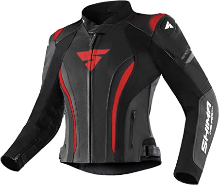 SHIMA MIURA 2.0 Giacca da moto - pelle, da donna, giacca sportiva con protezioni per schiena, gomiti e spalle, pelle perforata, per tuta 2 pezzi (Nero/Rosso, 38)