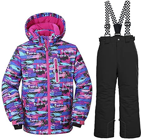 HOTIAN Traje de esquí para niños, traje de esquí para niña, mono de invierno para niños, traje de esquí impermeable, chaqueta de esquí y pantalones de esquí, 1morado+negro, 10
