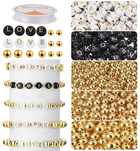 1600 Stück Buchstabenperlen Bastelset - DIY Armbänder Set Mit Spacer Perlen Gold und Band - Eckige Perlen für Schmuckherstellung