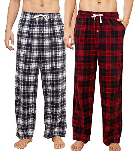 U2SKIIN Mens Fleece Pajama Pants, Warm Plaid Lounge Pj Bottoms for Men with Pockets Soft (Red-black Plaid+ White-black Plaids, L)