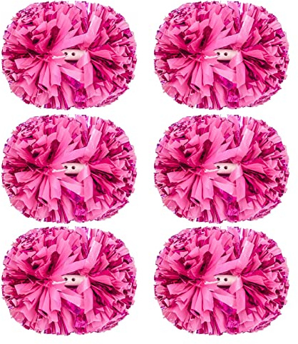 Extpro 6Pcs Cheerleading Pom Poms Matte Metallic Foil Cheer Pompoms with Baton Handle, Kids Adults Team Spirit Cheering Stuff for Sports Games Carnival (Mix Rose Pink)