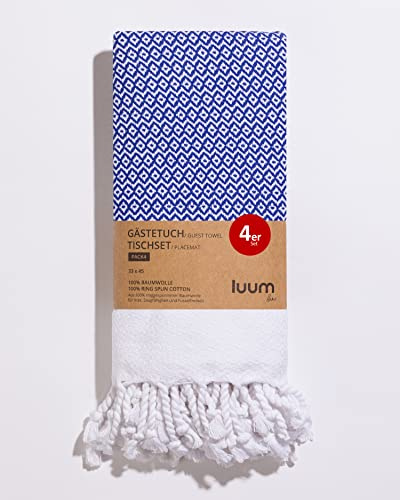 Luum® Set of 4 Hamam Guest Towels, Place Mats, Washable Place Mats, Flannel, 100% Cotton, Quick-Drying, Lint-Free, Royal Blue, 33 x 45 cm, Gift Set, Wedding Gift Idea