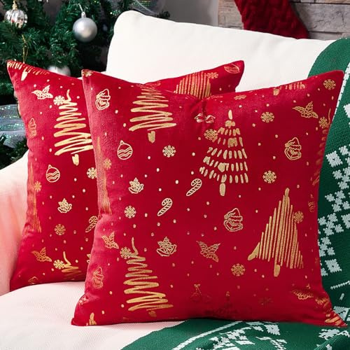Topfinel Weihnachten Kissenbezug 40x40 Rot 2er Set Samt Weihnachtsdeko Geschenk Kissenbezüge Kissenhülle