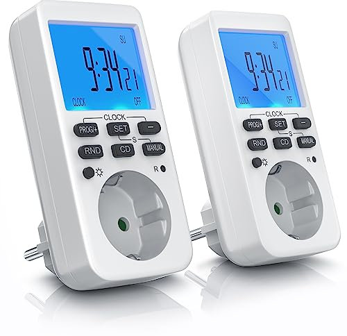 CSL - 2X Digitale Zeitschaltuhr Steckdose mit 10 konfigurierbaren wöchentlichen Programme und einbruchsicheren Zufallsfunktion für Innen (230V / 16A / 3680W) Weiß