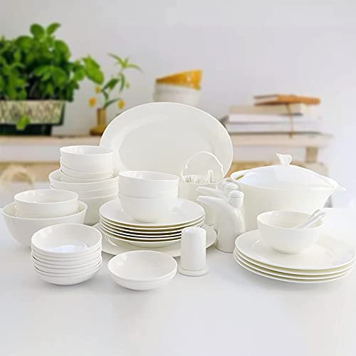 Bone China Geschirr Set, Weißes Porzellan Rundes Dinner Essgeschirr Kombi-Set mit Müsli-Nudelschale Dessertsuppe Fischteller Mikrowellen- und ofenfest (23-teiliges Service für 6 Personen) (56-teiliges