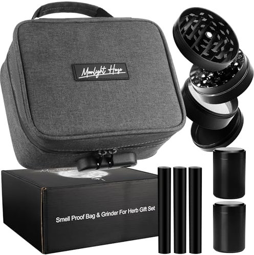 Moonlight Haze Smell Proof Bag with Accessories – Smell Proof Box Stash Box Gift Set, 3 Smell Proof Containers, Metal Grinder, Integrated Rolling Tray, 3 Doob Tubes, Stash Jars, Gifts for Men & Women