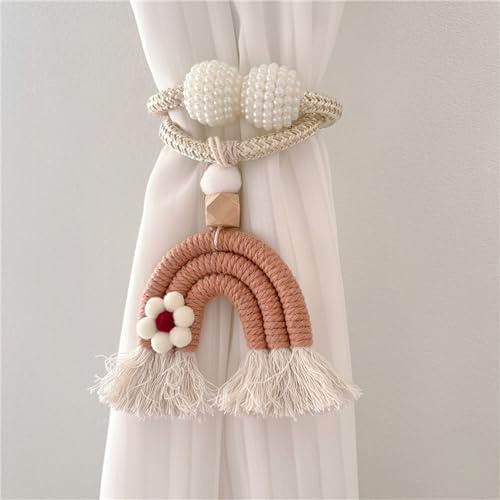 Herfair 2 Stück Vorhang Raffhalte Regenbogen Quasten Gardinenclips Raffhalter Seil, Boho Vorhanghalter, Gardinen Haken Ringe Bär für Kinderzimmer Dekoration (Khaki Blumen)