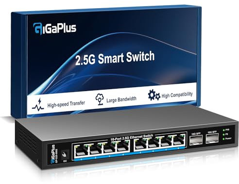 Commutateur Ethernet 10 Ports 2.5Gb Non géré avec 8* Ports 2.5G Base-T, 2* Ports 10G SFP+. Commutateur réseau 2.5Gbps GiGaPlus pour NAS/PC 2.5Gbps, routeur WiFi6, AP sans Fil