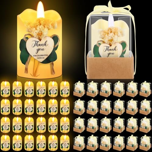 Tujoe 50 Pcs Thank You Gift Bulk for Guests Christmas Pillar LED Flameless Candles with Dried Flowers Heart Shaped Wood Chips Bridal Shower Party Favors Christmas Decorations