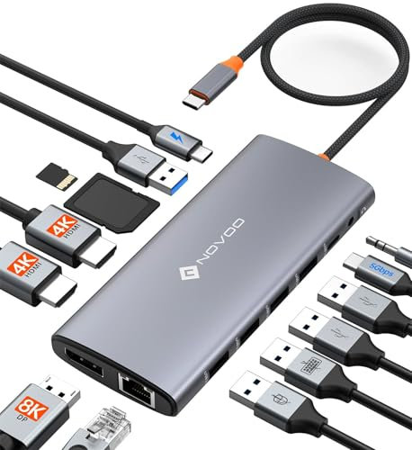 NOVOO USB C Docking Station 14-in-1 USB C Hub Triple Display mit 2 HDMI 4K@60Hz,DisplayPort 4K@120Hz,5USB-A+1USB-C Datenübertragung Gigabit Ethernet,100W PD,SD/TF,Audio für MacBook Dell HP(40cm Kabel)