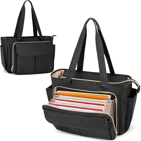 Luxja Sac de Professeur avec Espace de Classement en Accordéon et Pochette pour Ordinateur Portable, Sac Fourre-tout pour Enseignant pour Femme (Sac Uniquement), Noir