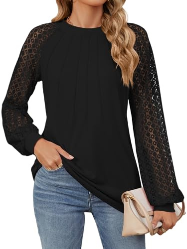 Decorie Camicia Donna Elegante Maglia Manica Lunga in Pizzo Top Blusa Casual T Shirt Donna Maglietta(Nero,XL)