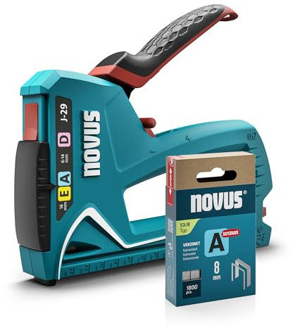 NOVUS TOOLS Handtacker J-29 Set mit 1800 Klammern │ 3-in-1 Profi-Tacker für Holz mit Metall-Gehäuse und Schlagkrafteinstellung │ Für Feindraht- und Flachdrahtklammern 6-14 mm und Nägel 16 mm
