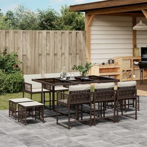 Somanki 11-TLG. Garten-Essgruppe mit Kissen Braun Poly Rattan, Esstisch Mit Stühlen Set, Gartenmöbel Sitzgruppe, Balkon Möbel, Gartenlounge Set, Terrassenmöbel, Balkonmöbel Set - 3211509