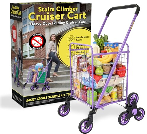 dbest Products Stair Climber Cruiser Cart Shopping Grocery Rolling Folding Laundry Basket on Wheels Foldable Utility Trolley Compact Lightweight Collapsible, Purple