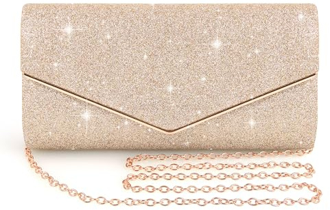 BELICOO Clutch Bag for Women, Sequin Envelope Handbag Evening Bags with Detachable Chain, Elegant Clutches for Wedding Bridal Prom Party(Champagne)