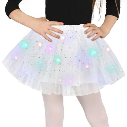 Tüllrock Mädchen Weiß, Sterne Pailletten Tanzkleid, 30cm Dehnbaren Minirock Mit LED Lichter, kleine Mädchen Tütü Rock Ballettrock für Fasching Halloween Karneval, 3-8 Jahre Kinder Ballett Dress