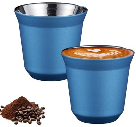 Pasdrucn 2er-Set Edelstahl Espressotassen Dickwandig, 80ml Espressotassen Aus Edelstahl, Espresso Tassen, Kaffeetasse Espressotassen Aus Edelstahl, Edelstahl-Espressotassen-Set (Hellblau)