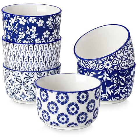 vancasso SELENE Moldes para Soufflé, 6 x 180ml Ramequines de Porcelana, Moldes para Tartas, Mini Cuencos para Aperitivos, Apto para Lavavajillas y Horno, Ø 9cm, Estilo Chino en Azul y Blanco