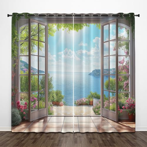 Rideau Occultant Thermiques Lot De 2, À L'Extérieur Fenêtre Nature Rideau Thermique Isolant Anti Froid Et Chaleur, 140x240 cm Rideau Isolant Thermique, Montagnes Lacs Rideau Salon, Rideau Phonique