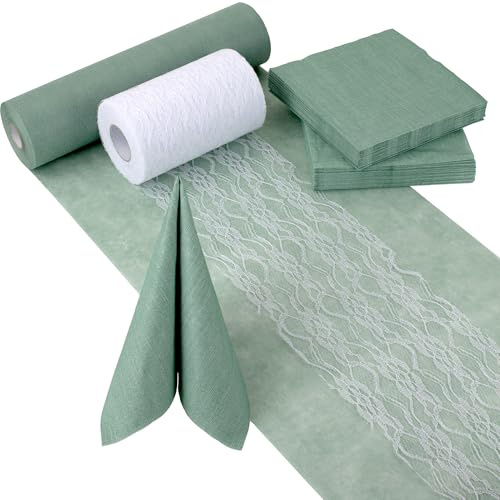 100%Mosel Tischdeko-Set – Eukalyptus Grün & Weiß – Dekorative Tischbänder & Servietten für Taufe, Kommunion, Konfirmation, Hochzeit & Geburtstag – Praktisches Dekoset für besondere Anlässe