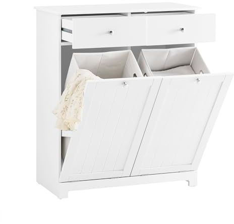 SoBuy Mülleimer Schrank mit 2 Fächern à 45L Mülltrennsystem Weiß für Küche | Küchenschrank aus E1 MDF für Mülltrennung mit 2 Schubladen, Müllschrank BZR33-II-DG