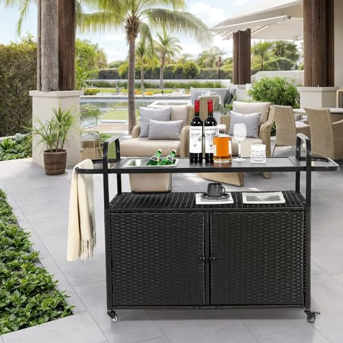 Mesa de bar para exteriores, carrito de mimbre con gabinete, carrito de servicio de patio con tapa de acero, con un cubo de hielo, cesta lateral para jardín, ruedas bloqueables, lado de piscina y