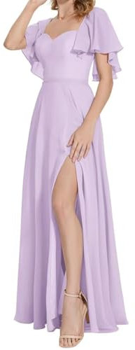 Principessa Abiti da Damigella D'Onore Flutter Manica Prom Abiti Chiffon Formale Sera Partito Maxi Abito con Spacco ZM266, Lilla, 46
